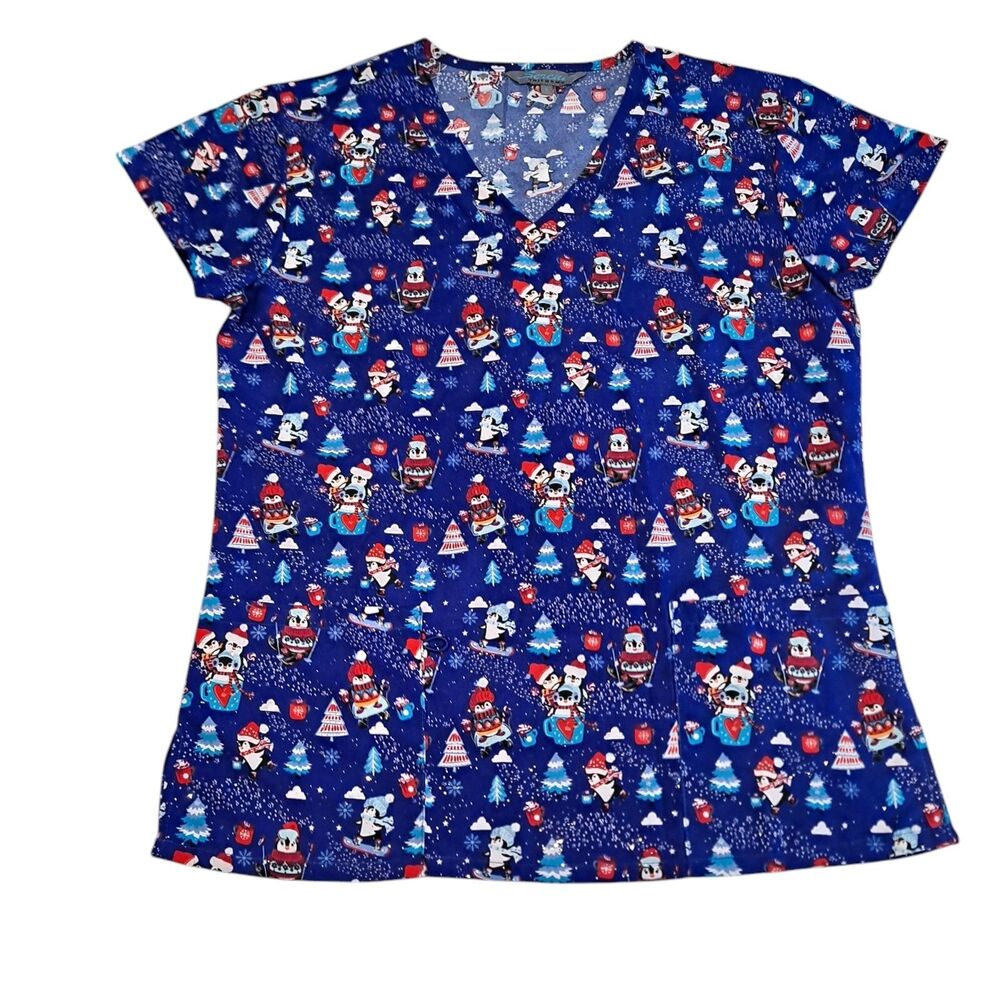 Serene Uniforms Women's Scrub Top Size M Christmas Blue Penguin